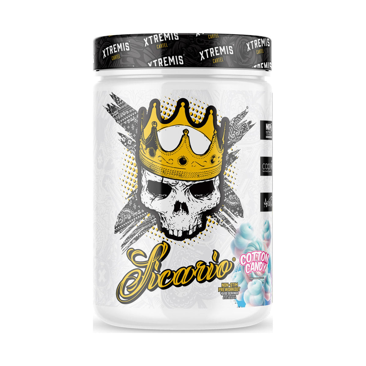 Xtremis Cartel Sicario Stim-Free Pre-Workout Cotton Candy on a white background