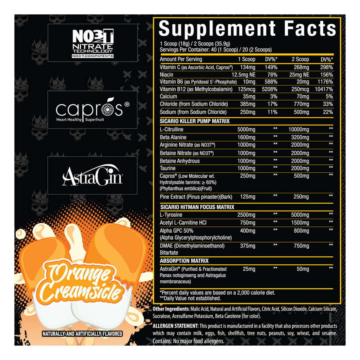 Xtremis Cartel Sicario Stim-Free Pre-Workout Orange Creamsicle Supplement Facts