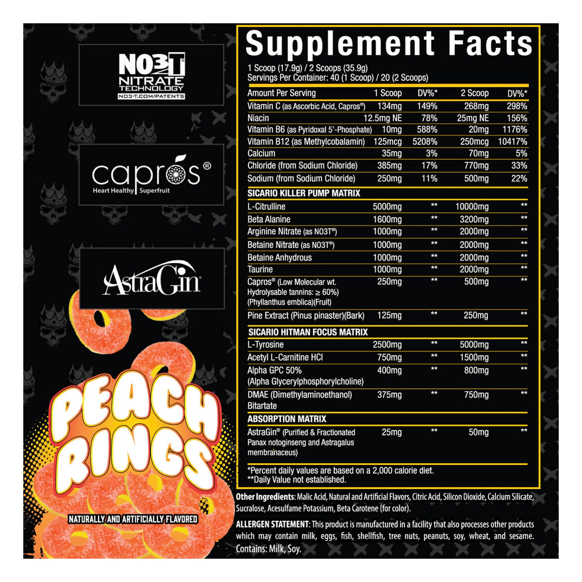 Xtremis Cartel Sicario Stim-Free Pre-Workout Peach Rings Supplement Facts