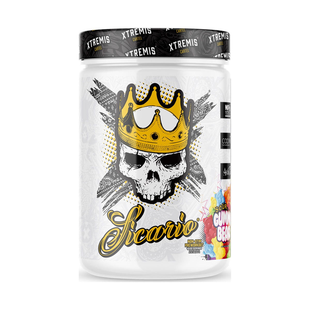 Xtremis Cartel Sicario Stim-Free Pre-Workout Sour Gummy Bear on a white background