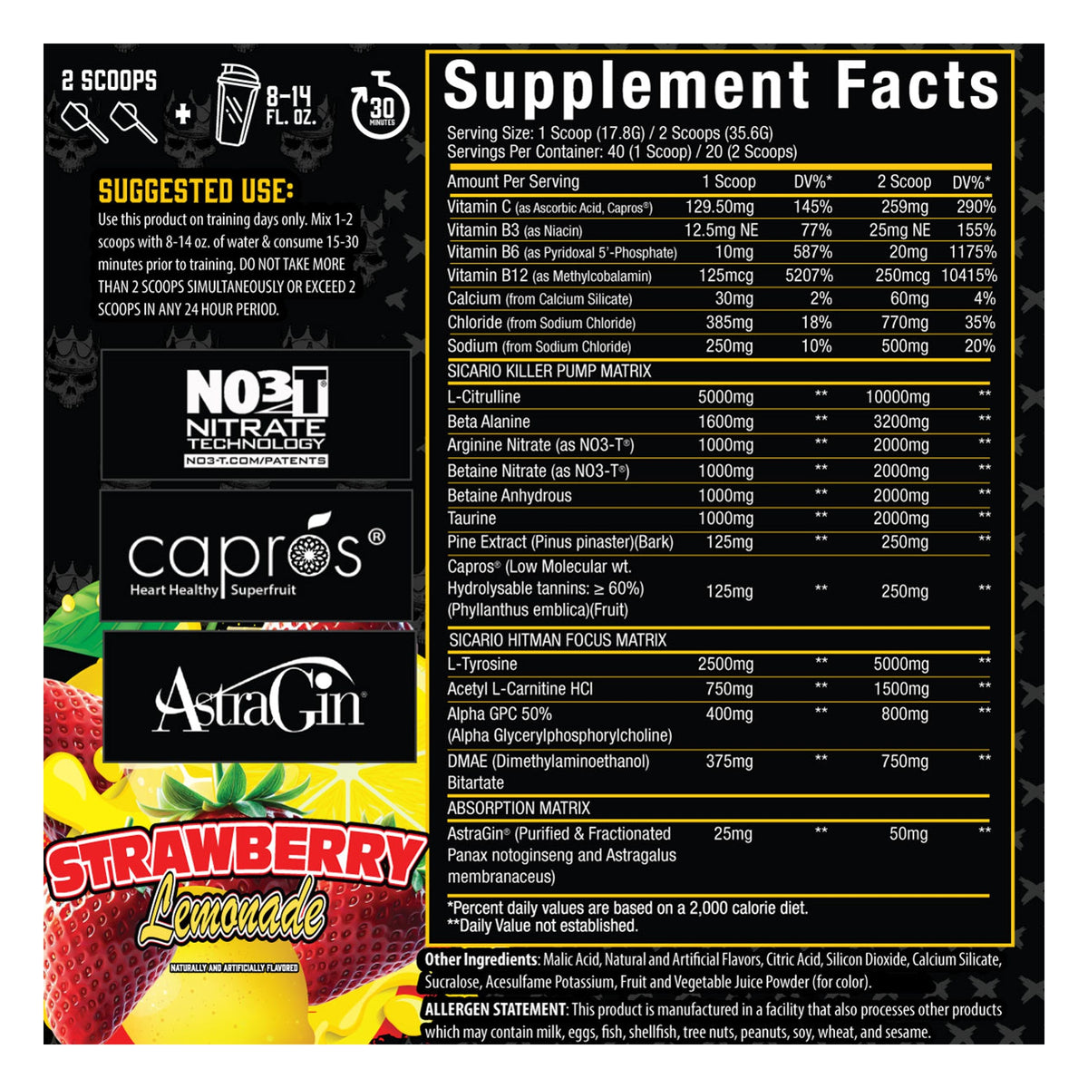 Xtremis Cartel Sicario Stim-Free Pre-Workout Strawberry Lemonade Supplement Facts